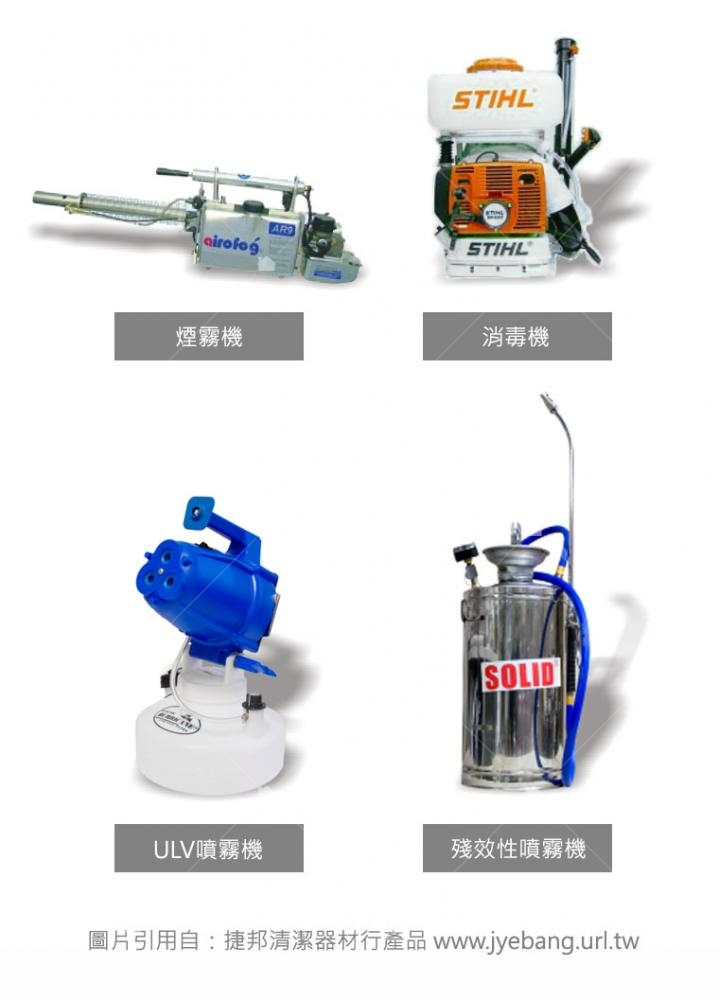 滅蚊噴藥器具類型有ULV噴霧機、煙霧機、殘效性噴霧機及消毒機 ，本圖引用自http://www.jyebang.url.tw/。