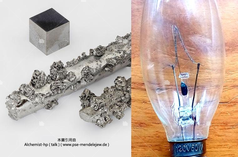 鎢棒與鎢蒸發的晶體，燈泡中捲捲像彈簧一樣的長條就是鎢絲。